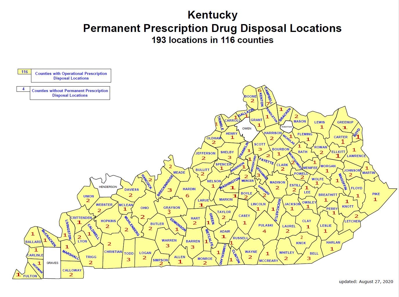 Kentucky Permanent Prescription Drug Disposal Locations - 193 locations in 116 counties. Map of Kentucky.
